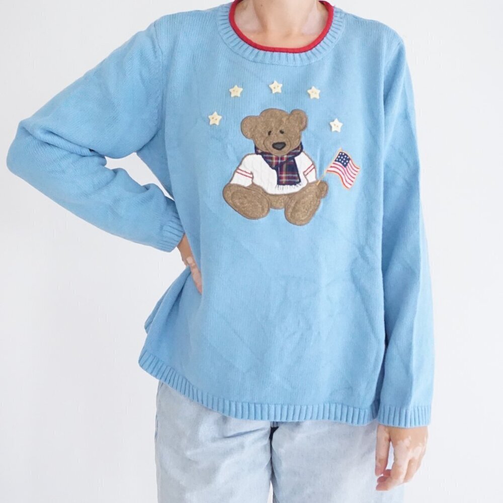 Vintage C&B Blue Teddy Bear Knit Sweater Star Appliqué Americana Cabincore XL